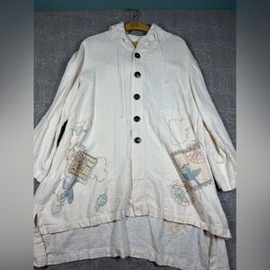Blue Fish 100% Linen Hand Panted Airplane Passport Button Down Travel Jacket USA